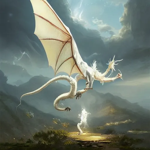 Image similar to a long white oriental dragon, landscape, by greg rutkowski, fantastic