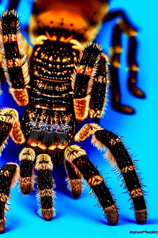 Image similar to high quality macro photo rococo iridescent tarantula! jewelled very cute! highly detailed david ligare elson peter cinematic blue neon lighting high quality low angle hd 8k sharp shallow depth of field
