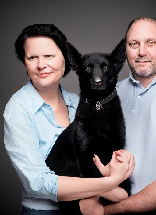 Image similar to a family portrait of a husband, wife, and their black dog. 9 0 s, studio lighting, mamiya, bulb flash