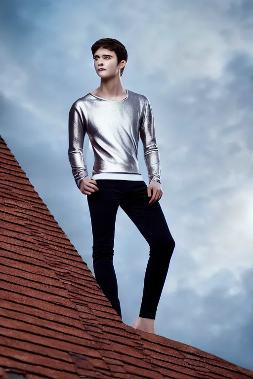 Image similar to un ultra high definition studio quality photographic art portrait of a young man standing on the rooftop of a british apartment building wearing soft padded silver pearlescent clothing. three point light. extremely detailed. golden ratio, ray tracing, volumetric light, shallow depth of field. set dressed.