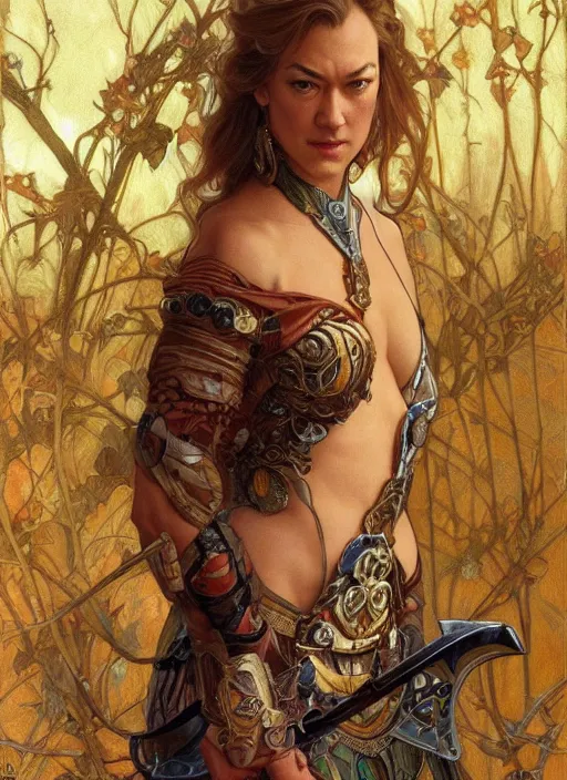 Image similar to Yvonne Strahovski as a beautiful warrior woman, fantasy, intricate, elegant, highly detailed, centered, digital painting, artstation, concept art, smooth, sharp focus, illustration, art by artgerm and donato giancola and alphonse mucha