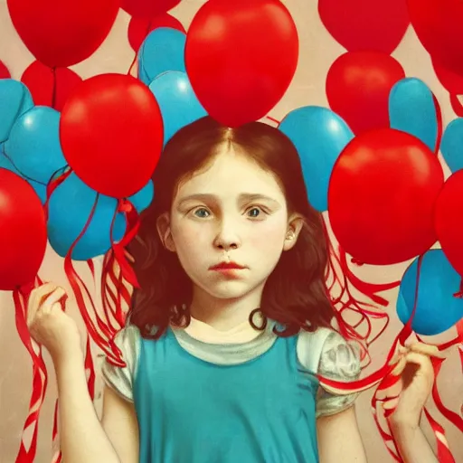 Prompt: medium shot photo by todd solondz of a shy young girl facing the camera with a quizzical expression holding dozens of red balloons by their strings, todd solondz, alphonse mucha, rhads, rebecca guay, artstation, artgerm, octane render