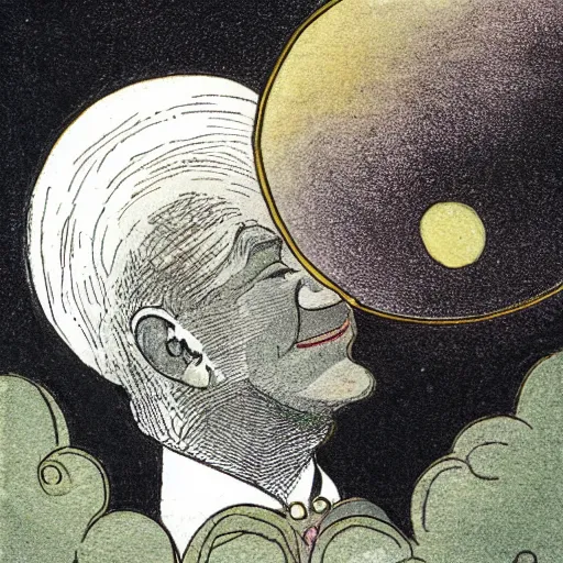 Image similar to crescent moon with man face smiling portrait, side view, surrounded by clouds, illustrated by peggy fortnum and beatrix potter and sir john tenniel