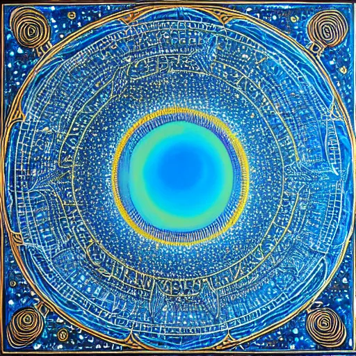 Image similar to a giant blue star inside a golden artificial megastructure, highly detailed artwork, acrylic painting