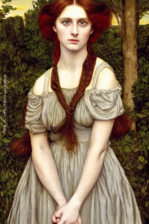 Prompt: Pre-Raphaelite portrait of a young beautiful female with blond hair and grey eyes