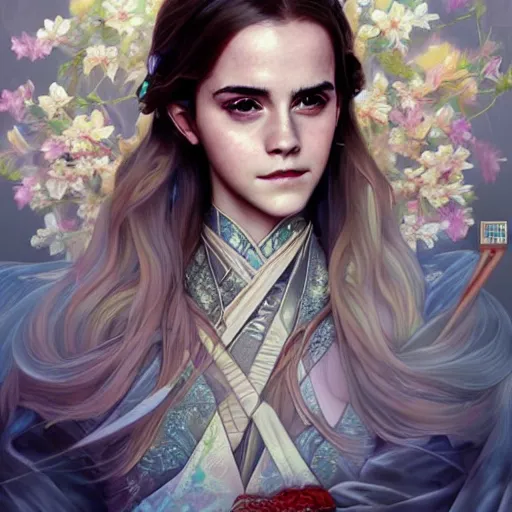 Image similar to Emma Watson as a Japanese Goddess, cute, fantasy, intricate, elegant, highly detailed, digital painting, 4k, HDR, concept art, smooth, sharp focus, illustration, art by artgerm and H R Giger and alphonse mucha