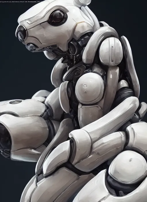 Image similar to mecha android panda, glossy texture, pure white, naturel, hyper detailed, digital art, trending in artstation, cinematic lighting, studio quality, smooth render, unreal engine 5 rendered, octane rendered, art style by klimt and nixeu and ian sprigger and wlop and krenz cushart