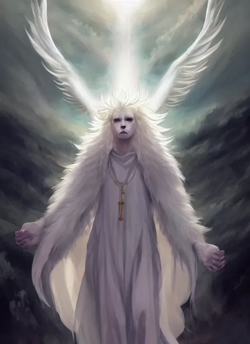 Image similar to religious portrait artwork of an albino male furry anthro lion with giant feathery glowing angel wings flying in the heavenly cloudy sky wearing a silky white cloak blowing in the wind, hazy and Atmospheric . Character design by charlie bowater, ross tran, artgerm, and makoto shinkai, detailed, inked, western comic book art, 2021 award winning film poster painting