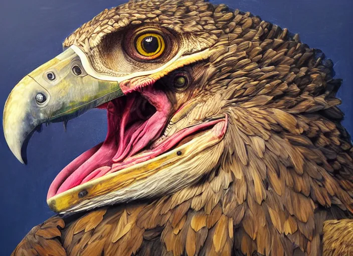 Image similar to a hyper-detailed oil portrait of a large raptor bird; an extraordinary masterpiece!!!; flawless; proud posture; photorealistic eyes; trending on artstation; f/1.4; 90mm