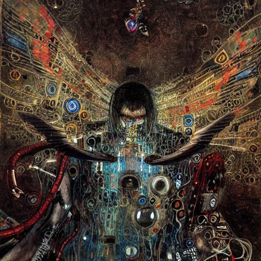 Image similar to winged cyberpunk demon trapped in circuitry, intricate detail, miro, royo, whealan, klimt,