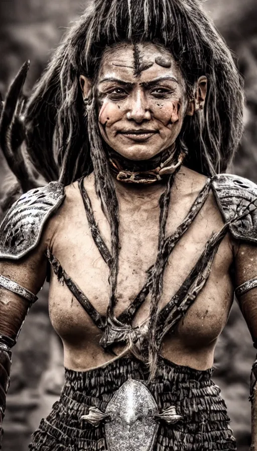 Image similar to sweated smiling beautiful ancient princess tribeswoman in fighting rage, partially destroyed armor inspired monster hunter, low shot camera, muscular, symmetrical face, clean face, subtle make up, debris and arrows flies around her, frozen time effect,dramatic lighting, cinematic, establishing shot, extremely high detail, photorealistic, 300 the movie,monster hunter the movie, dune the movie, cinematic lighting, artstation, octane render, western,old photo, vintage