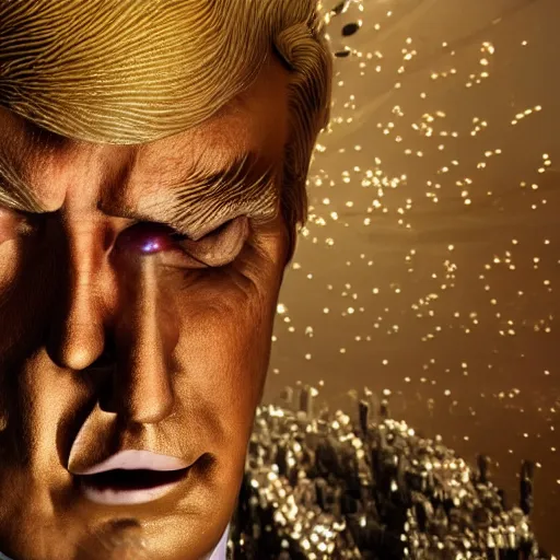 Image similar to donald trump full body detailed, ethereal, cyborg biomechanics, covered in blood diamonds and other gems glowing, highly detailed face, evil posed, evil expression, intricate, extremy detailed, beeple, cgsociety, 3 d unreal engine octane render. cinematic lighting, highly detailed 4 k art