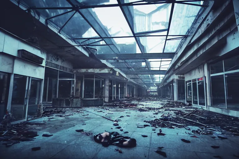 Image similar to low angle photo of a abandoned cyberpunk shopping mall with dead human bodies on the roof, cinematic lightning, ray tracing, unreal engine, photorealistic, detailed, dark, moody, foggy, scary