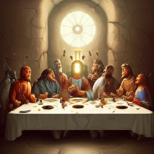 Image similar to the last supper of robots as apostles in leonardo da vinchi style. digital art, artstation, concept art, smooth, sharp focus, illustration, art by peter mohrbacher