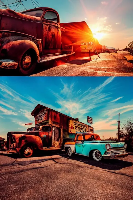 Image similar to a sunset light landscape with historical route 6 6, lots of sparkling details and sun ray ’ s, blinding backlight, smoke, volumetric lighting, colorful, octane, 3 5 mm, abandoned gas station, old rusty pickup - truck, beautiful epic colored reflections, very colorful heavenly, softlight