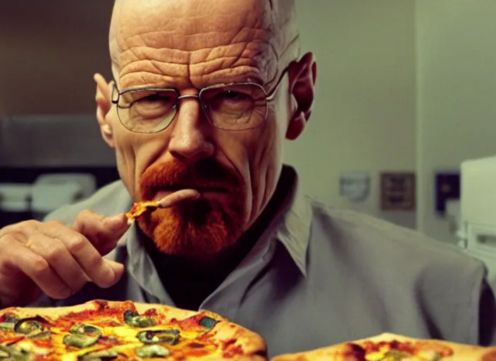 Image similar to beautiful portrait of walter white eating pizza sloppy sauce, chuck - e - cheese, dramatic lighting, moody film still from breaking bad ( 2 0 1 2, 3 5 mm kodak color stock, 2 4 mm lens, directed by rian johnson, ecktochrome