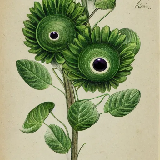 Image similar to botanical illustration of a green plant with eyeballs instead of flowers