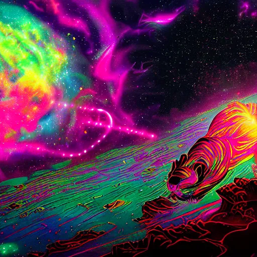 Image similar to fluorescent ultra-detailed celestial ferret in a galaxy made of stars, space, nebulas stars Dmt, Psychedelic cosmos, cosmic, Hallucination, night sky, surrealistic,volumetric lighting, Dreamy, dynamic, mystical, by dan mumford, 4k HD, artstation HD