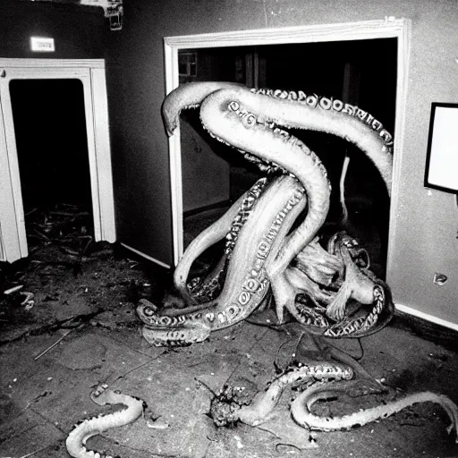 Image similar to 1 9 9 3, disposable camera, flash, old abandoned building, creepy mutant flesh creature, tentacles, flesh blob, trevor henderson