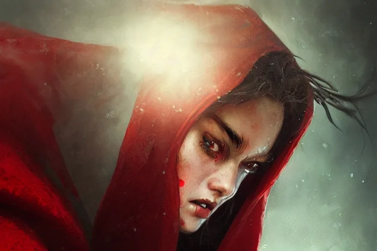 Image similar to red riding hood, wolf, close up, sunlit, paint texture, digital painting, highly detailed, artstation, sharp focus, illustration, concept art, ruan jia, charlie bowater, tom bagshaw, norman rockwell