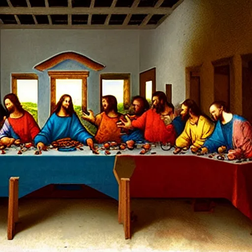Image similar to a spray-paint graffiti art of The Last Supper by Da Vinci