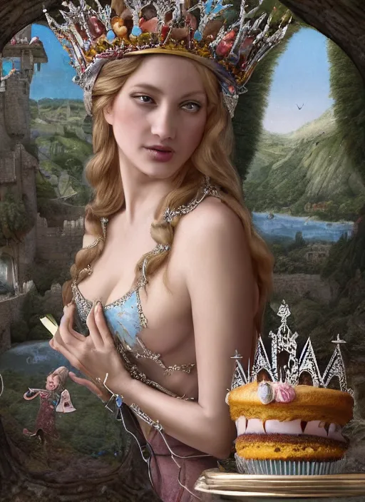 Image similar to closeup medieval bosch face portrait of a fairytale princess wearing a crown eating cakes in the castle, bikini, depth of field, zeiss lens, detailed and intricate environment, fashion photoshoot by nicoletta ceccoli, mark ryden, lostfish, breathtaking, 8 k resolution, extremely detailed, beautiful, establishing shot, artistic, hyperrealistic, octane render