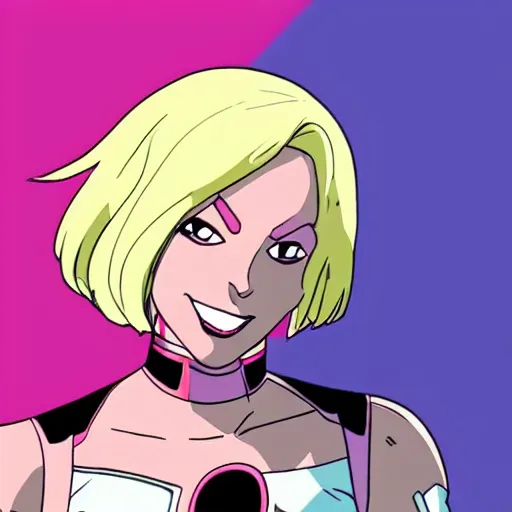 Image similar to A still of Gwenpool in Deadpool 3 (2023), blonde hair with pink highlights, no mask, white and light-pink outfit, smiling and winking at the camera, comics accurate design