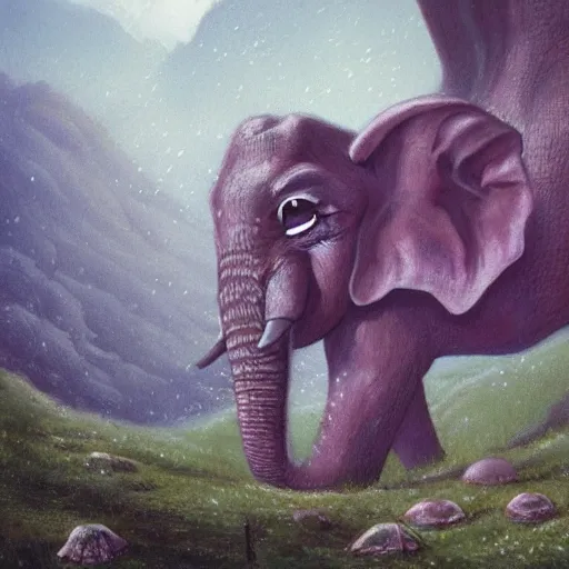 Image similar to purple elephant crying in a cave, close up camera angle, raining, mountain behind meadow, menacing, illustration, detailed, smooth, soft, cold, by Adolf Lachman, Shaun Tan, Surrealism