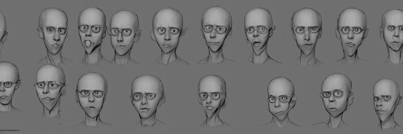 Prompt: character face study of skinny snorexic todd solondz, clear faces, emotional, character sheet, fine details, concept design, contrast, kim jung gi, pixar and da vinci, trending on artstation, 8 k, full body and head, turnaround, front view, back view, ultra wide angle
