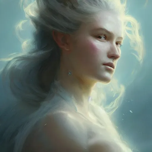 Image similar to a beautiful portrait of a cloud goddess by Greg Rutkowski and Raymond Swanland, Trending on Artstation, ultra realistic digital art