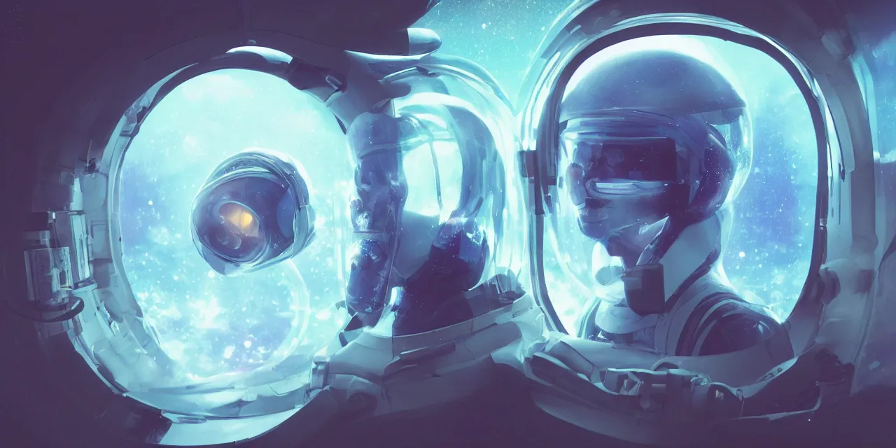 Image similar to Zoe Kravitz futuristic astronaut, clear helmet with HUD and small LED lights, inside large window of ship, spacesuit with small led lights, underwater in the ocean at night, clear water, bubbles, volumetric lighting, glowing lights, 4k, octane, digital painting, artstation, concept art, sharp focus, illustration, high contrast, high saturation , cinematic film still, art by artgerm and greg rutkowski and alphonse mucha , wide angle view,