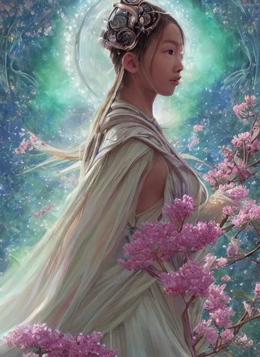 Image similar to portrait of Lalisa Manobal as a Celestial Goddess of a futuristic princess, inside future fighter, sci-fi, fantasy, intricate, lush garden spaceship with sakura season flowers, elegant, human anatomy, royal green and nature light, highly detailed, digital painting, artstation, concept art, smooth, sharp focus, illustration, art by tian zi and WLOP and alphonse mucha, masterpiece, 3d blender