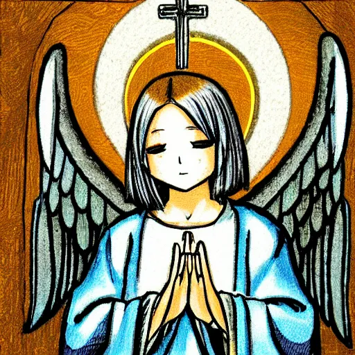 Image similar to beautiful detailed illustration of catholic anime angel praying in church, pixiv