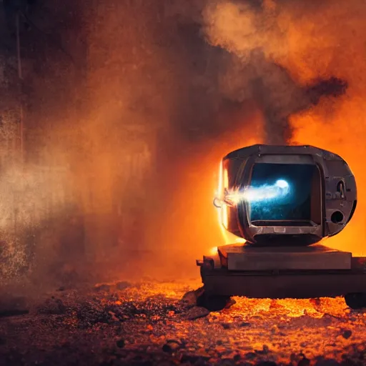 Image similar to toaster oven mecha head, dark messy smoke - filled cluttered workshop, dark, dramatic lighting, orange tint, sparks, cinematic, highly detailed, sci - fi, futuristic, movie still