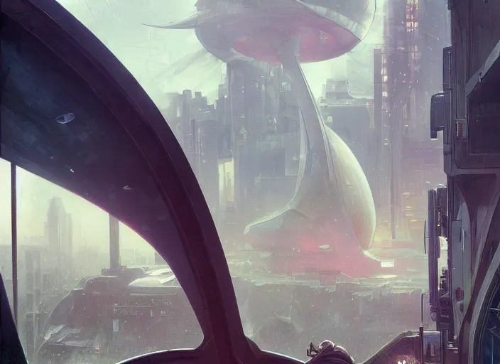 Image similar to view through window, giant spaceship, city is pure wasteland, rain, dusk, low saturation, glowing lights, alphonse mucha, greg rutkowski, trending on artstation, artgerm, breathtaking, sharp focus, smooth, mark arian, award winning, highly detailed 4 k art