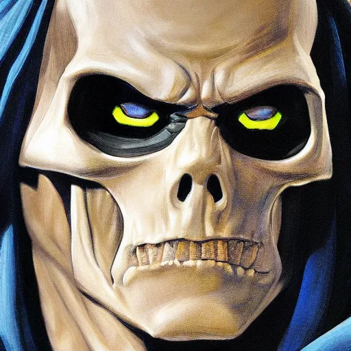 Image similar to ultra realistic portrait painting of skeletor as batman, art by jack kirby, 4 k, ultra realistic, highly detailed, epic lighting