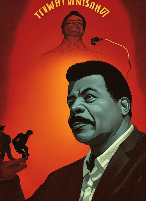 Prompt: Twin Peaks poster artwork by Michael Whelan and Tomer Hanuka, Rendering of portrait of Neil deGrasse Tyson, full of details, by Makoto Shinkai and thomas kinkade, Matte painting, trending on artstation and unreal engine