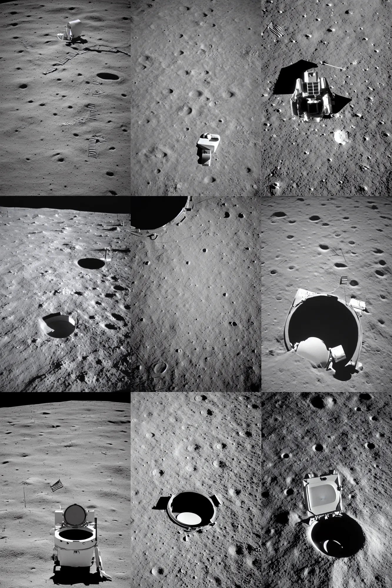 Prompt: a nasa photo of a toilet on the moon, 1 9 6 9, emptiness, film photo, apollo mission