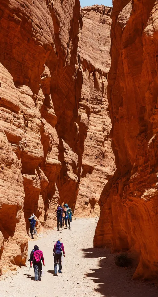 Image similar to narrow canyon in a desert, filled with flowers, caravan traders walking through on camels