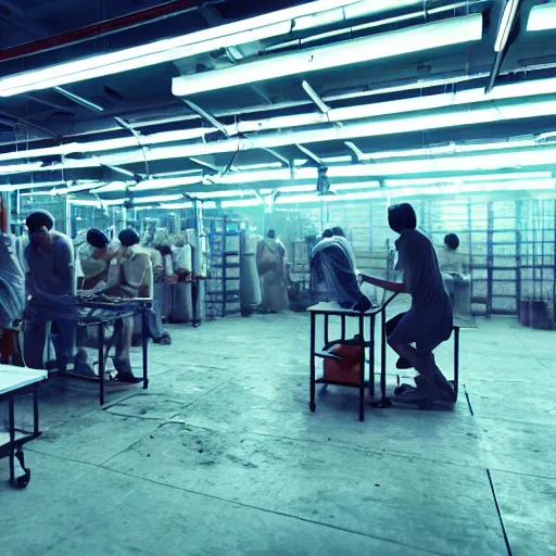 Image similar to surreal forced labour wage slavery odyssey sweatshop under fluorescent light hell, advanced, photorealistic, realistic, dramatic lighting, fantastic reality, by stefan bakałowicz, 8 k resolution