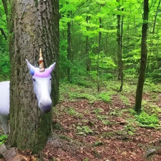 Prompt: unicorn caught on hidden camera in the forest