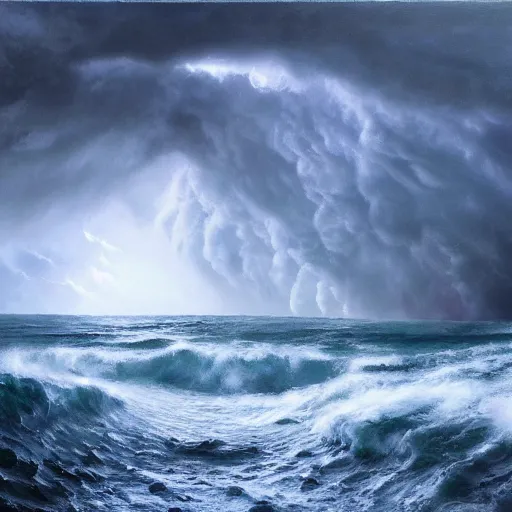 Prompt: huge storm on the ocean, wide angle shot, diffuse lighting, fantasy, intricate, elegant, highly detailed, lifelike, oil painting, concept art, smooth, sharp focus, a 2 4! film cinematography