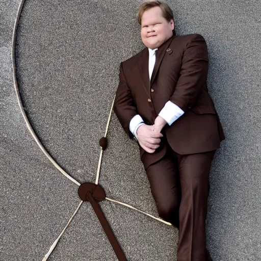 Prompt: Andy Richter is wearing a chocolate brown suit and necktie. Andy is lying flat on a concrete ground looking at camera. Ariel view. - 6