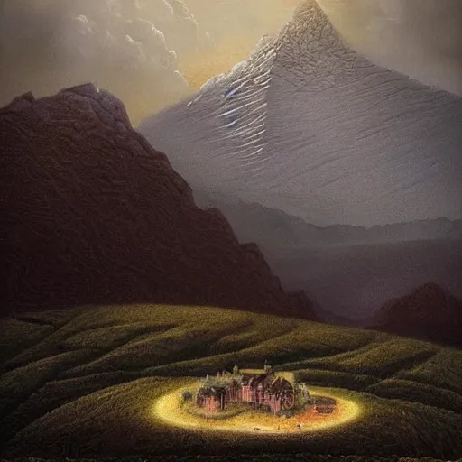 Prompt: beautiful scene from a dream. mountains. digital artwork by vincent bons, michael whelan, remedios varo and gerardo dottori. grainy and rough. interesting pastel colour palette. beautiful light. oil and water colour based on high quality render.