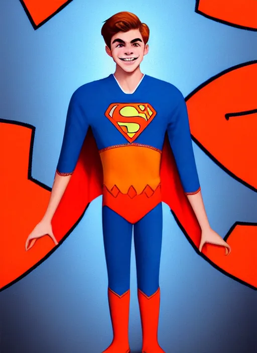 Image similar to friendly teenage archie andrews wearing an orange superhero costume with heart logo, heart, freckles, blue cape, heart emblem on chest, blue cape, intricate, elegant, glowing lights, highly detailed, digital painting, artstation, sharp focus, illustration, art by wlop, mars ravelo and greg rutkowski