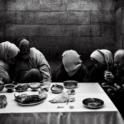 Image similar to Award Winning Editorial wide-angle picture of a Tramps in a new York Soup Kitchen by David Bailey and Lee Jeffries, The Last Supper