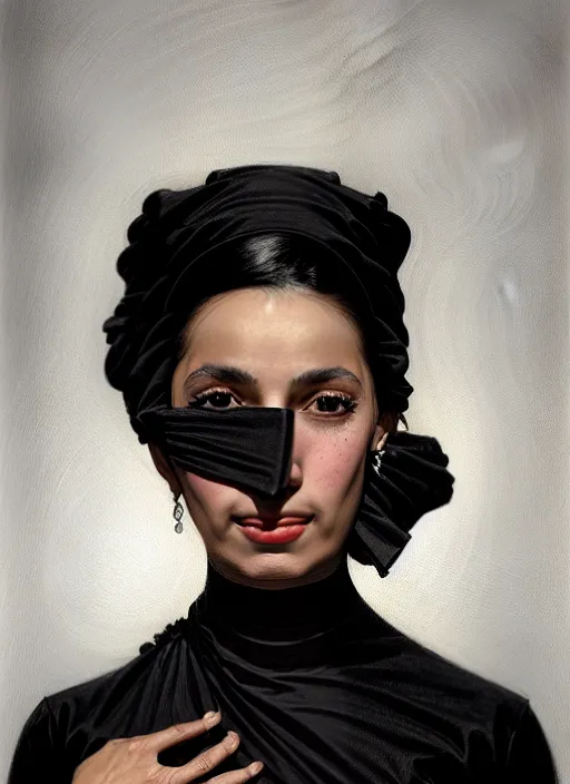 Image similar to portrait of a hispanic woman with a crooked nose and a confident expression, 1 9 6 0 s, black clothes, punk, funk, intricate, elegant, highly detailed, digital painting, artstation, concept art, smooth, sharp focus, illustration, art by wlop, mars ravelo and greg rutkowski