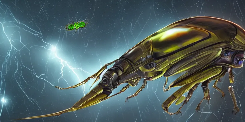 Prompt: lightning bug descendant 1 million in the future is a quadruped with big eyes. the bug wears a spacesuit, and explores the cosmos in a bug - shaped spaceship. science fiction blockbuster movie bugs save the planet or the bug from saturn, blade runner, rogue one