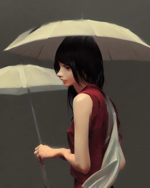 Prompt: an ultradetailed beautiful portrait painting of a stylish girl standing in the rain, side view, oil painting, by ilya kuvshinov, greg rutkowski and makoto shinkai