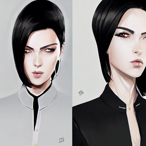 Image similar to slim cruel business girl in tuxedo with black bob hair, elegant, 2d, ultra highly detailed, digital painting, smooth, sharp focus, artstation, art by Ilya Kuvshinov